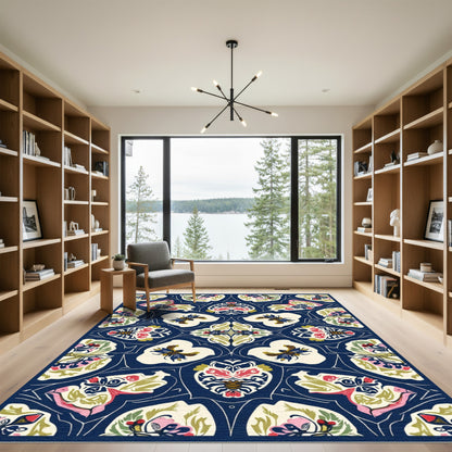 Deep Blue Floral Bee Medallion Rug