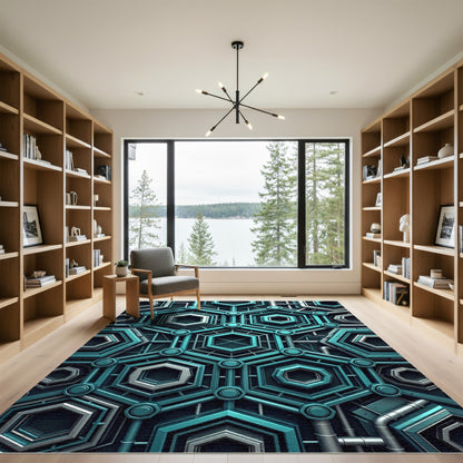 Teal Silver Hexagon Industrial Network Rug