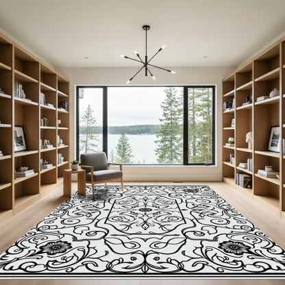 Monochromatic Black Floral Scroll Medallion Rug
