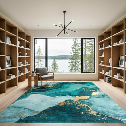 Teal Marble Gold Vein Rug