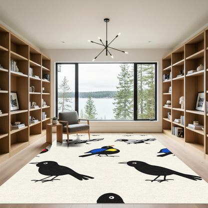 Whimsical Woodland Birds Blue Yellow Black Rug