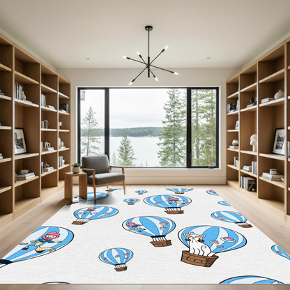 Whimsical Blue Striped Hot Air Balloons Rug