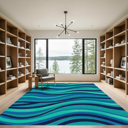 Oceanic Teal Blue Wavy Stripes Rug