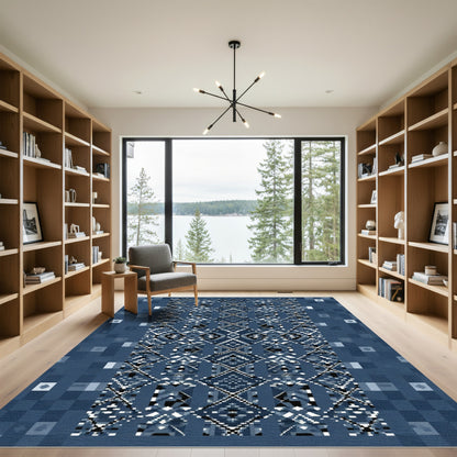 Deep Blue Pixelated Diamond Geometric Rug