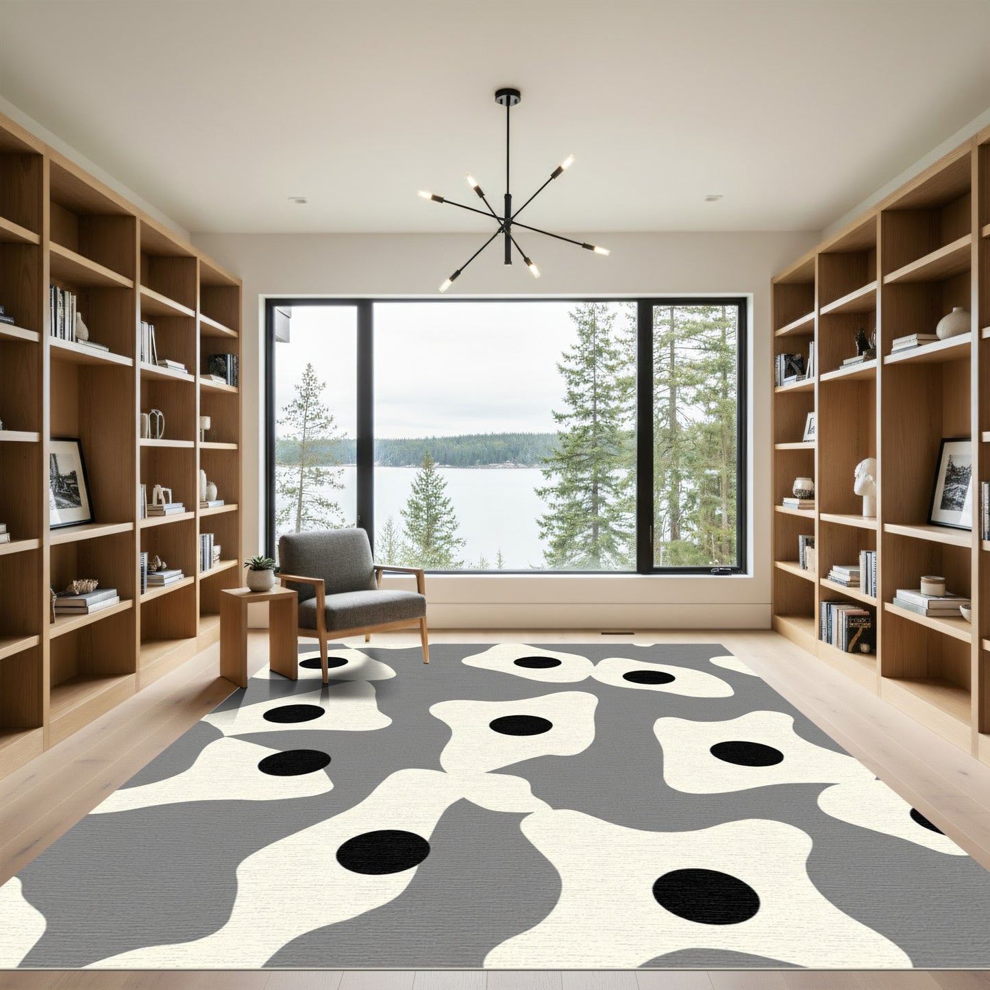 Modern Ivory Black Organic Form Rug