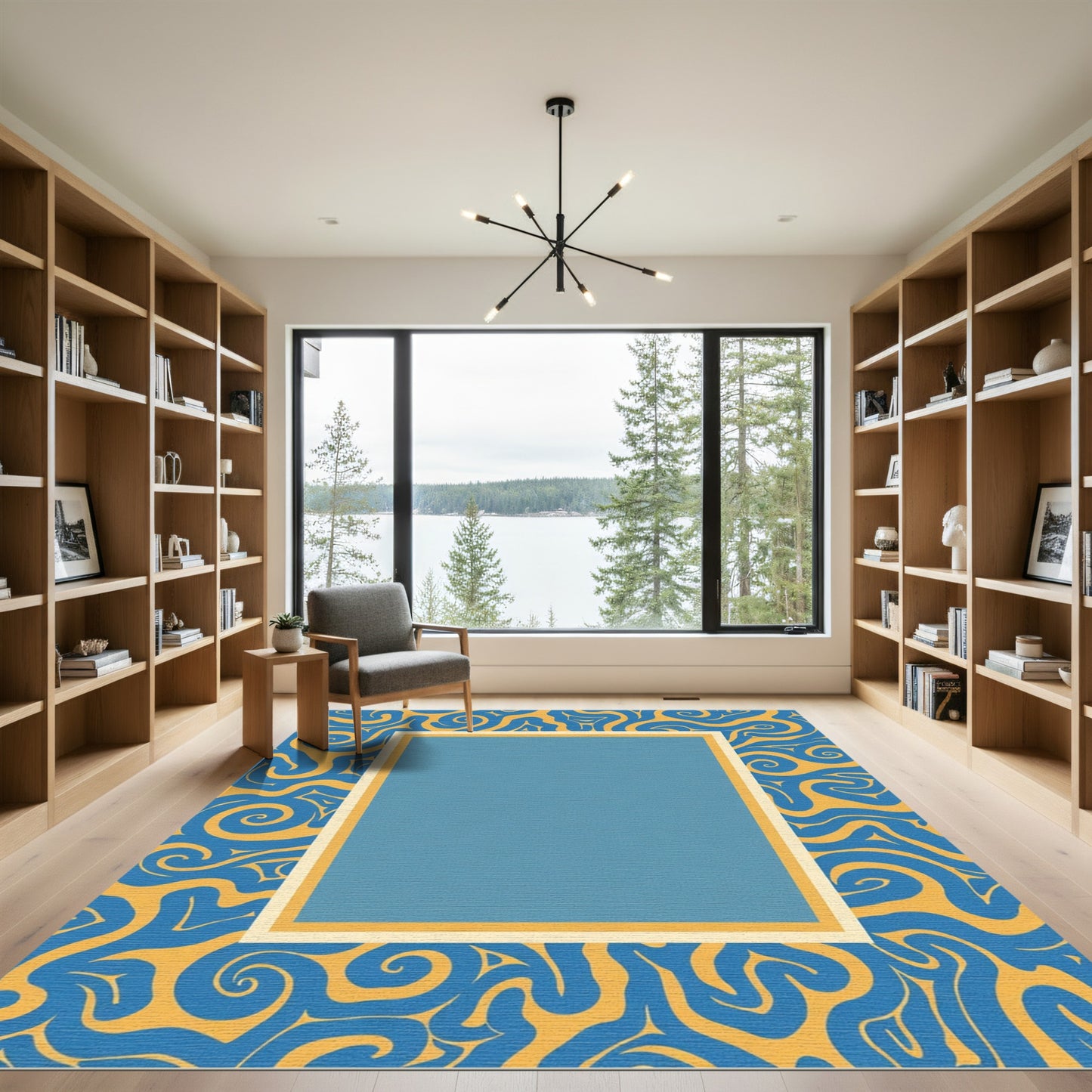 Bold Blue Yellow Swirl Frame Rug