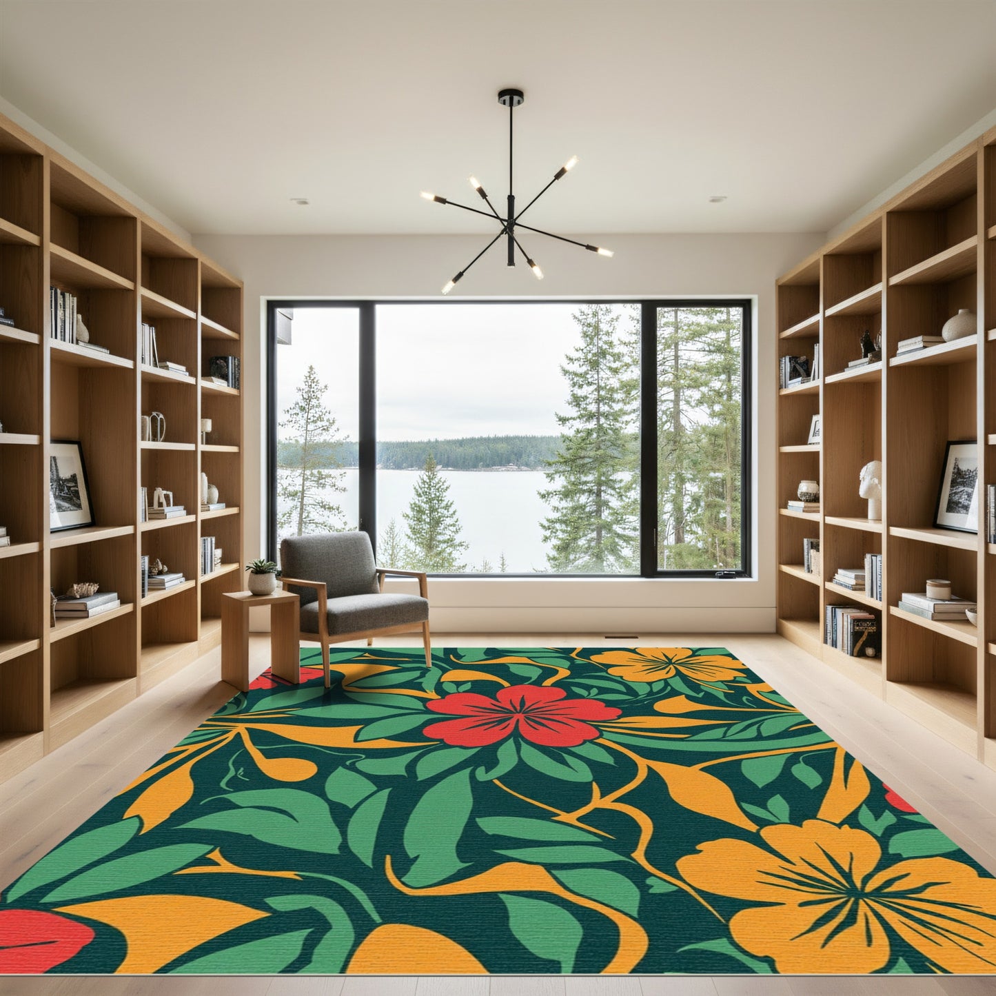 Bold Red Orange Green Tropical Floral Rug