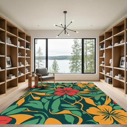 Bold Red Orange Green Tropical Floral Rug