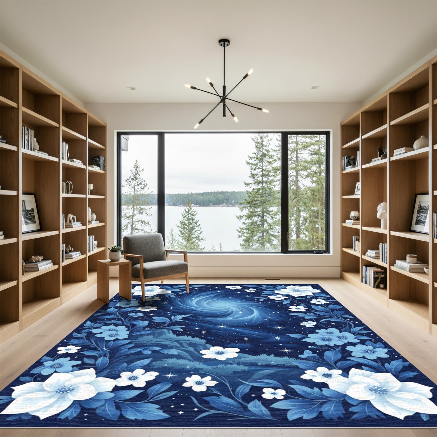 Midnight Blue Floral Swirl Galaxy Rug