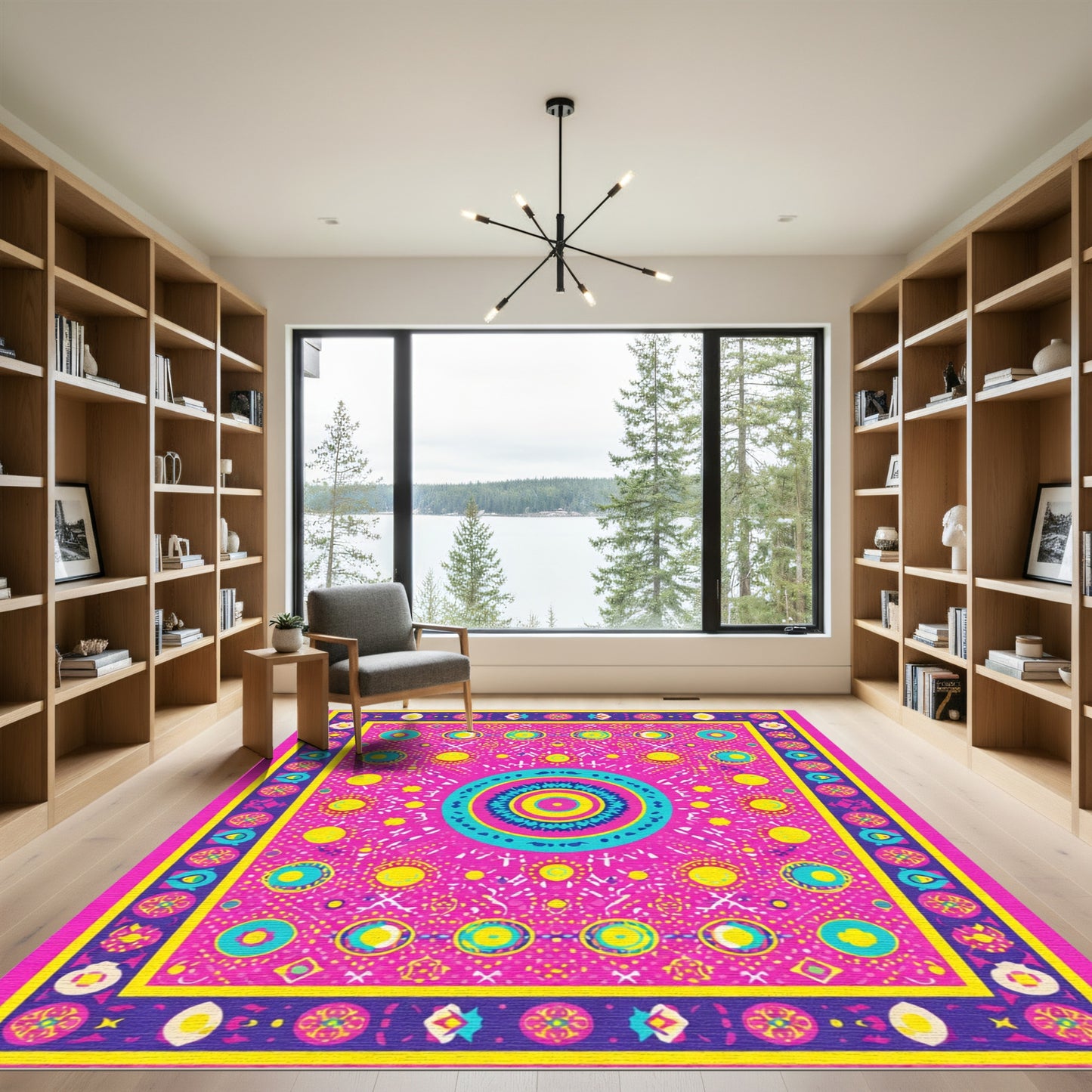 Vibrant Pink Blue Yellow Medallion Rug
