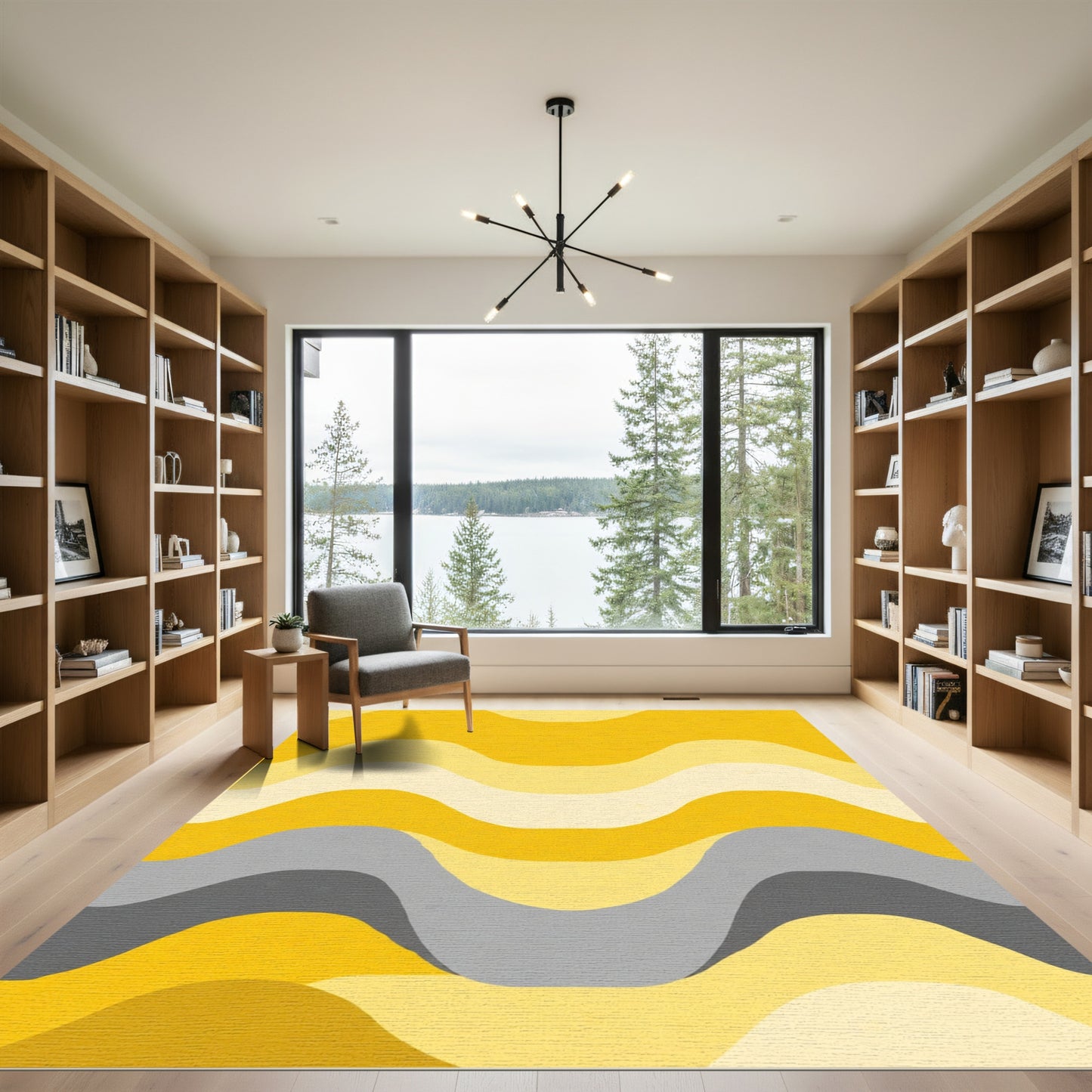 Golden Gray Abstract Wave Rug
