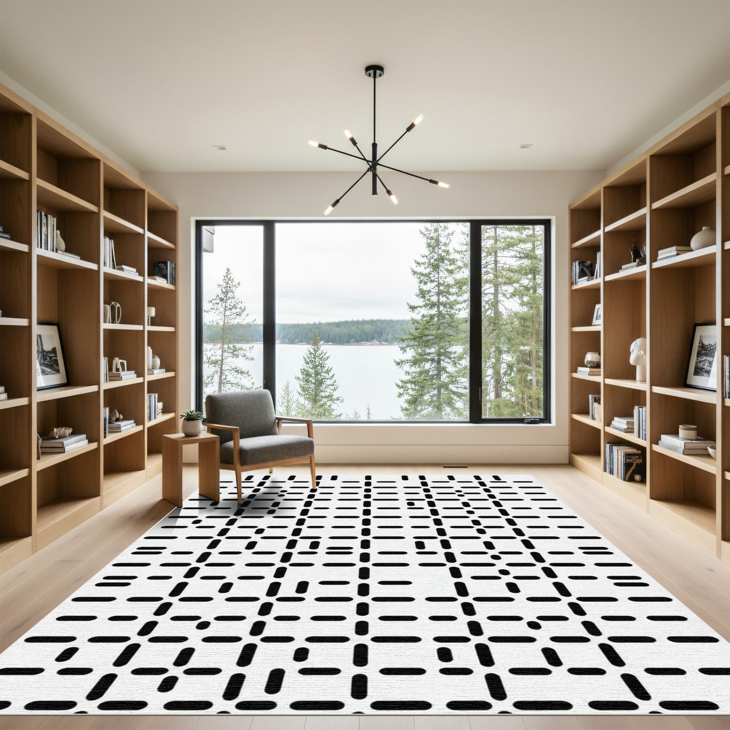 Modern Black White Grid Forms Rug