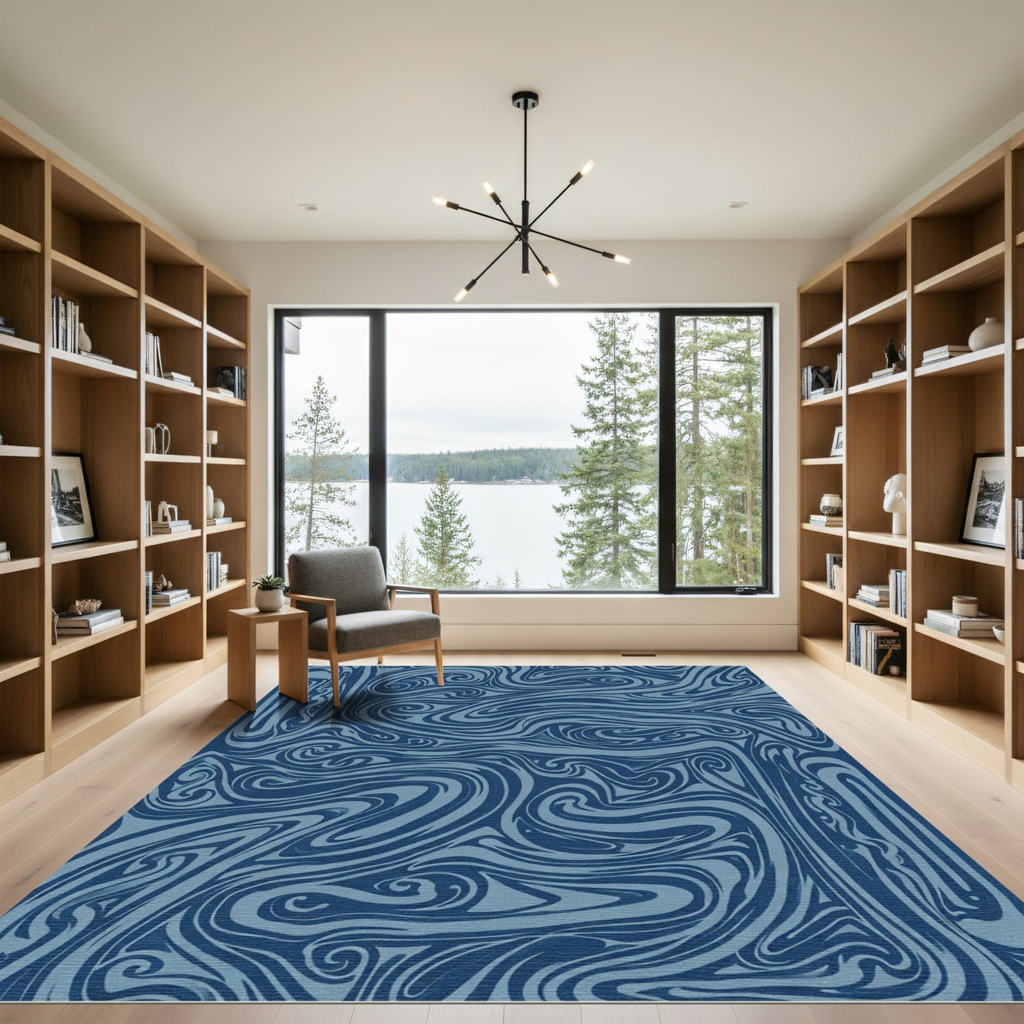 Deep Blue Swirling Abstract Lines Rug