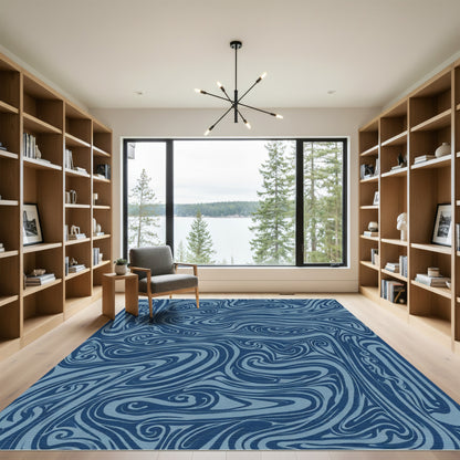 Deep Blue Swirling Abstract Lines Rug