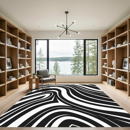 Bold Black White Swirl Curve Rug
