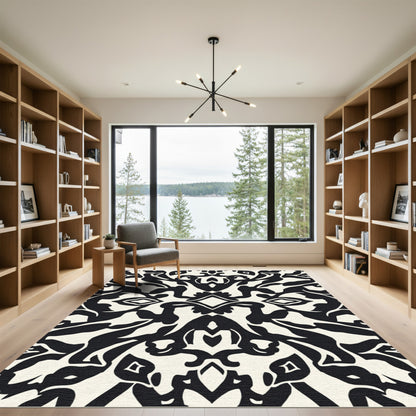Bold Black and Cream Damask Rug