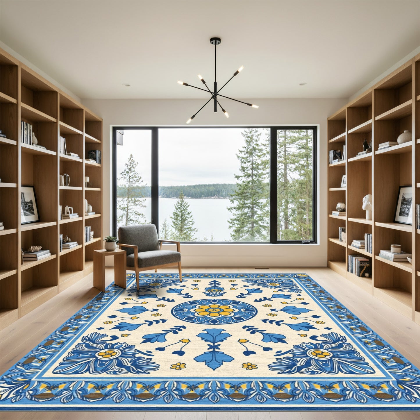 Blue Yellow Floral Medallion Border Rug