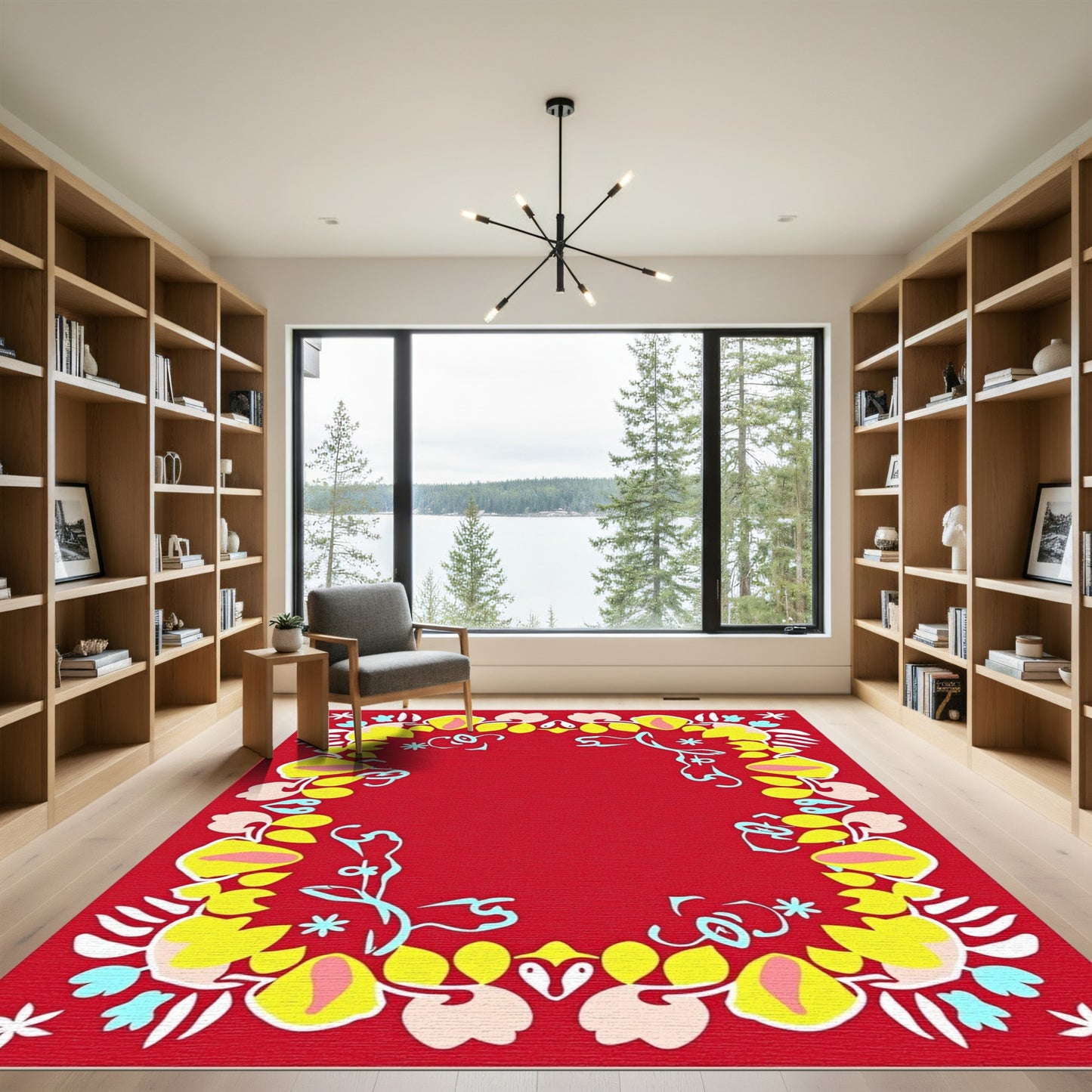 Whimsical Red Yellow Floral Frame Rug