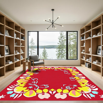 Whimsical Red Yellow Floral Frame Rug