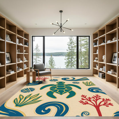 Teal Turtle Ocean Swirls Coral Rug