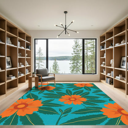 Vibrant Orange Flower Foliage Rug