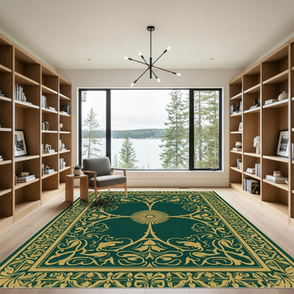 Ornate Gold Dark Green Floral Medallion Rug
