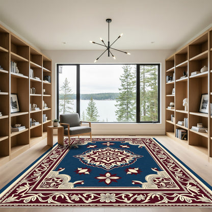 Deep Blue Maroon Floral Medallion Rug