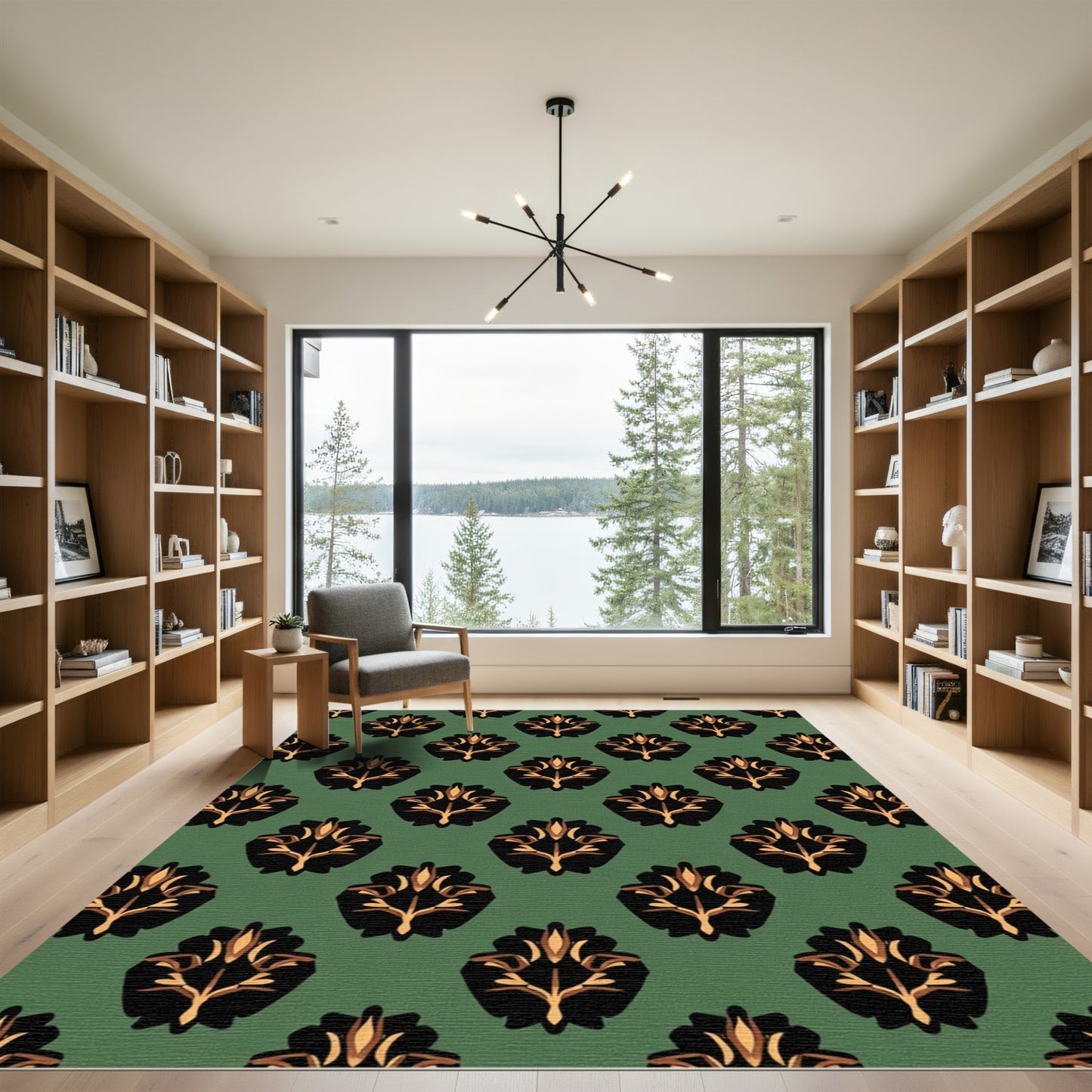 Deep Green Black Gold Floral Damask Rug