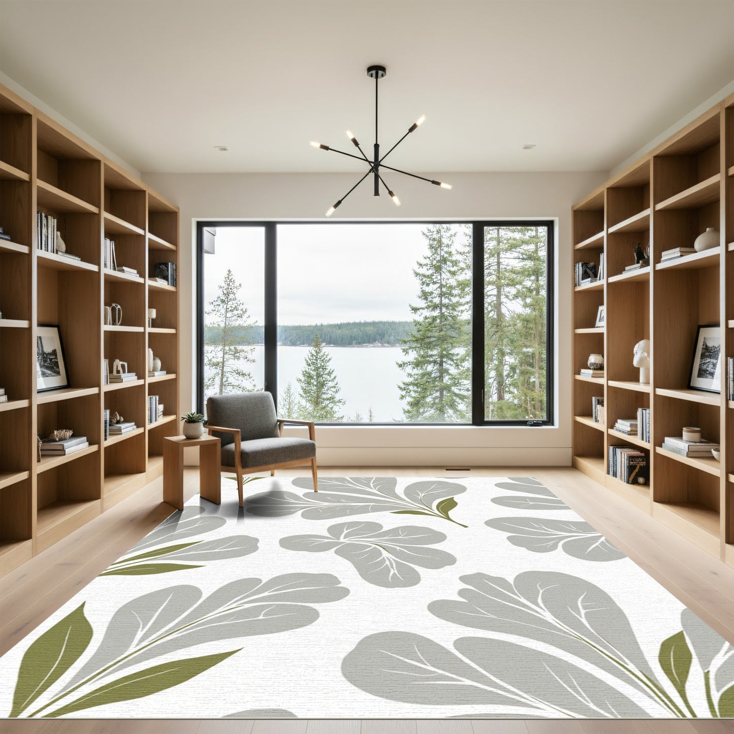 Soft Gray Botanical Leaf Arrangement Rug