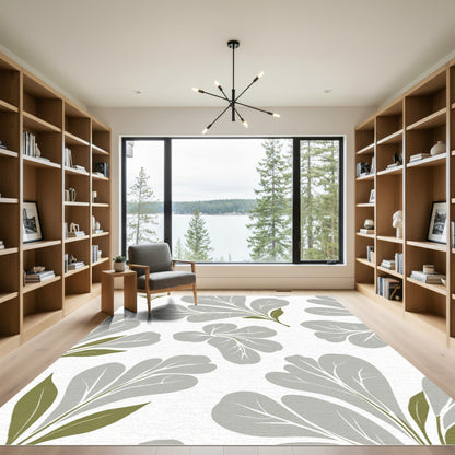 Soft Gray Botanical Leaf Arrangement Rug