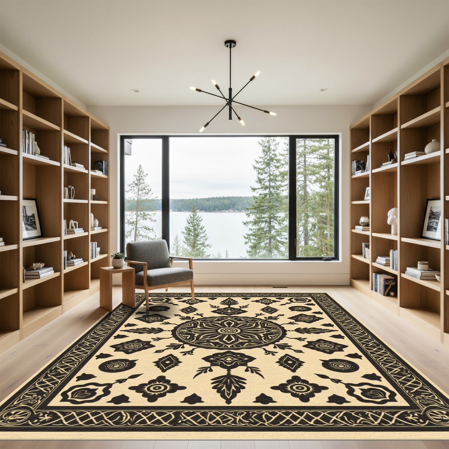 Art Deco Black Floral Mandala Rug