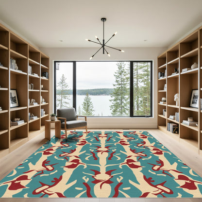 Teal Cream Crimson Symmetry Garden Runner Rug