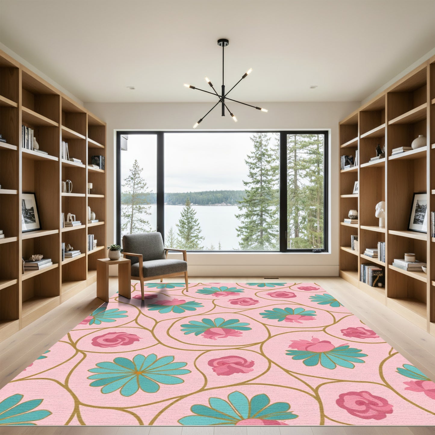 Pink Teal Floral Vine Art Rug