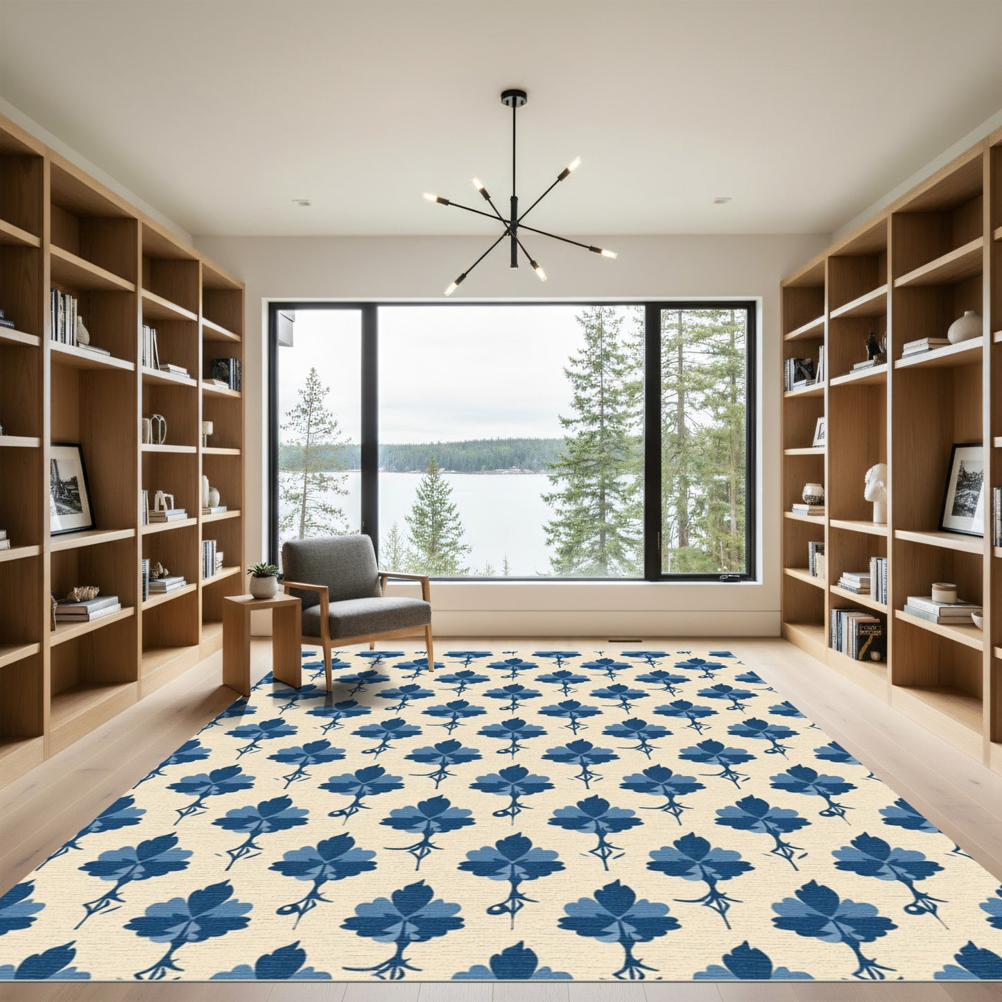 Navy Blue Floral Stem Arrangement Rug