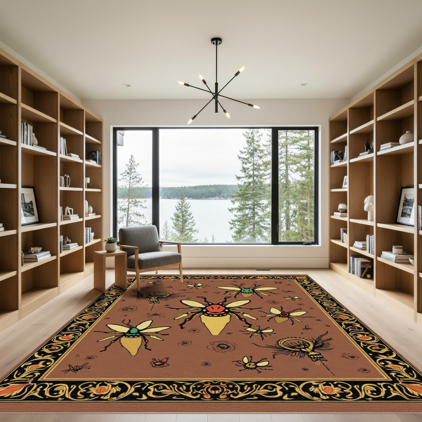 Brown Insect Medallion Ornate Border Rug