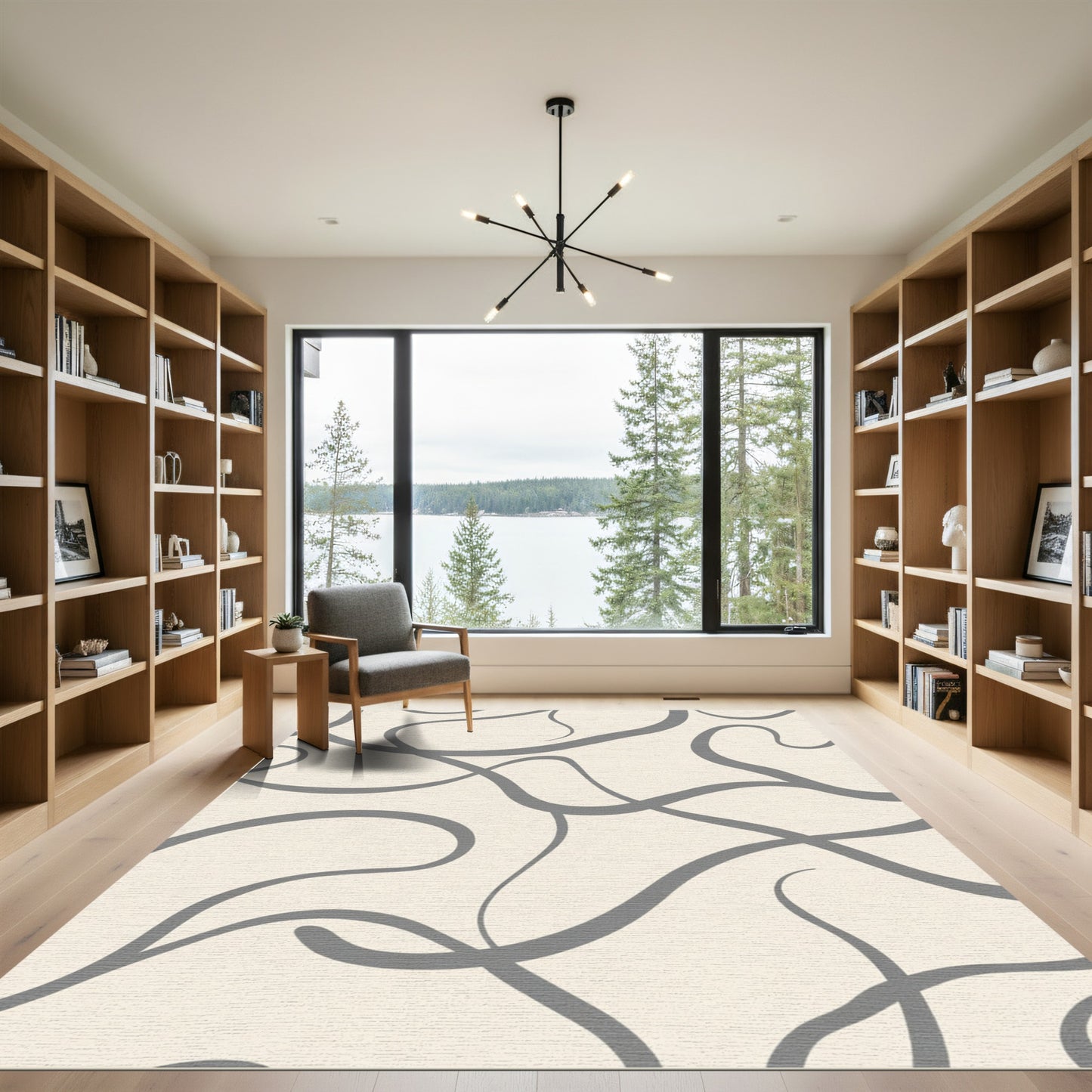 Cream Gray Flowing Swirl Abstract Rug
