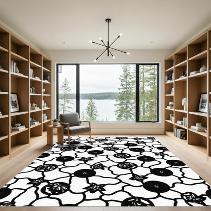 Black White Floral Vine Composition Rug