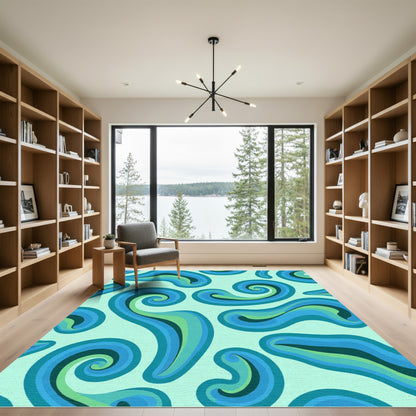 Cool Blue Swirling Waves Rug