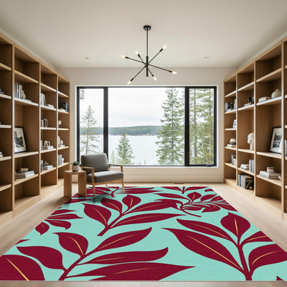 Crimson Foliage Pattern Aqua Backdrop Rug