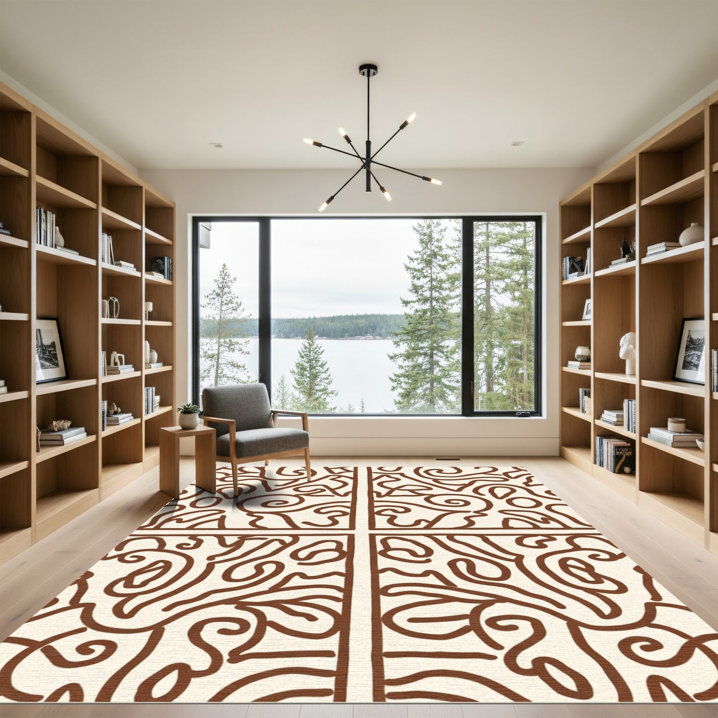 Brown Cream Abstract Curled Line Art Rug