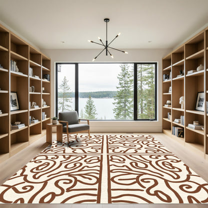 Brown Cream Abstract Curled Line Art Rug