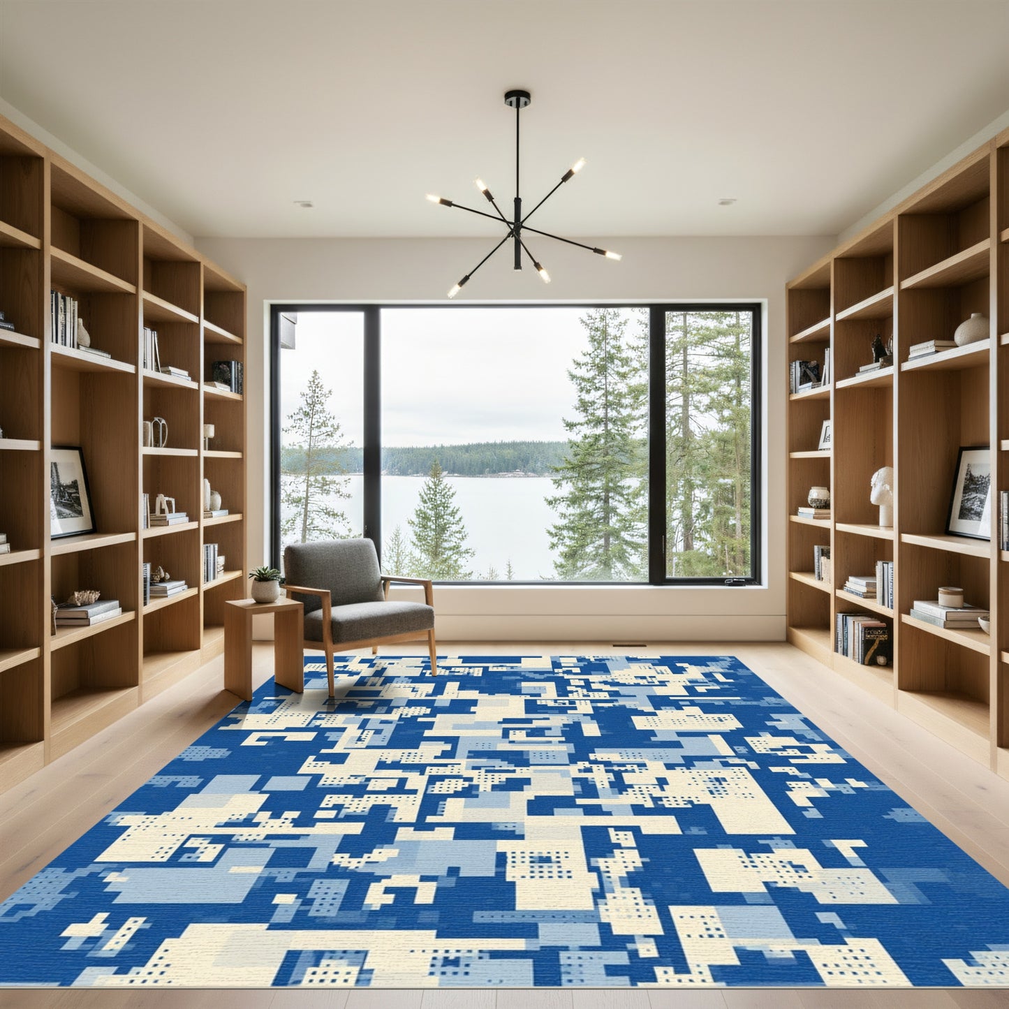 Abstract Blue Geometric Grid Rug
