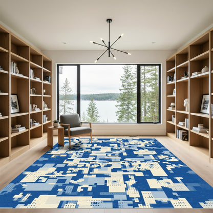 Abstract Blue Geometric Grid Rug