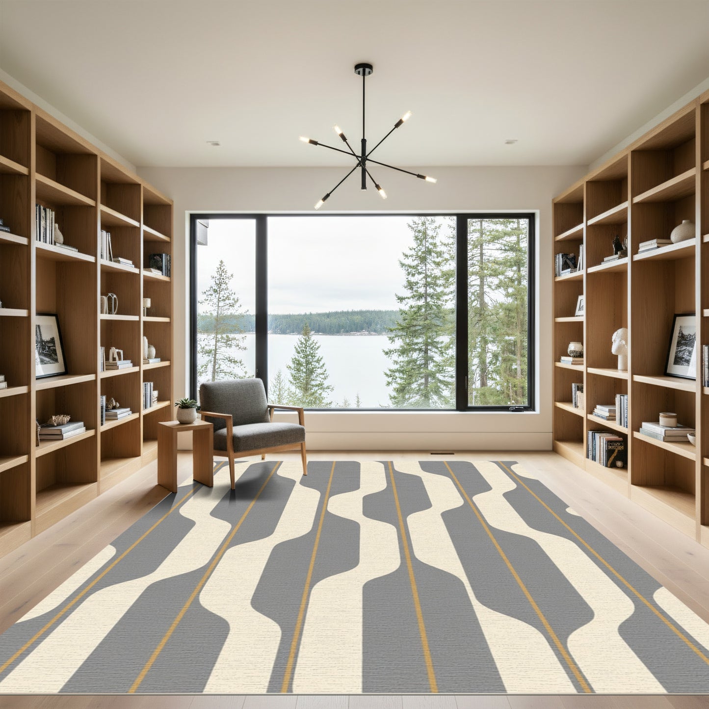 Gray Cream Yellow Wave Stripe Rug