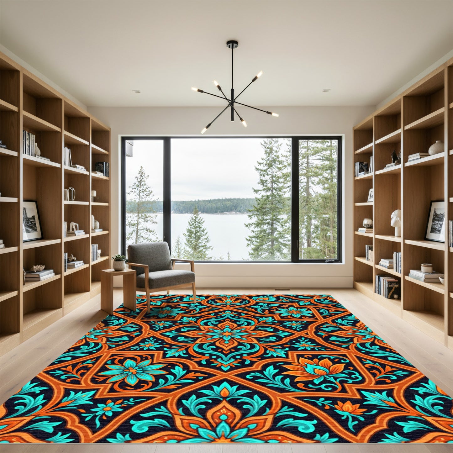 Orange Teal Floral Arabesque Harmony Rug