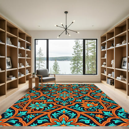 Orange Teal Floral Arabesque Harmony Rug
