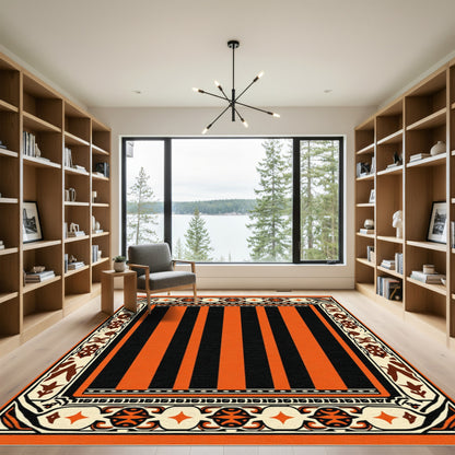 Bold Orange Black Striped Border Rug