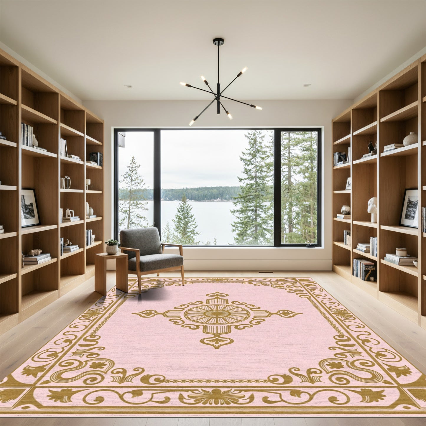 Golden Floral Medallion Pink Border Rug