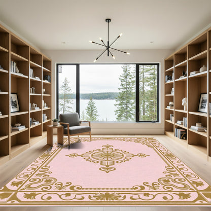 Golden Floral Medallion Pink Border Rug