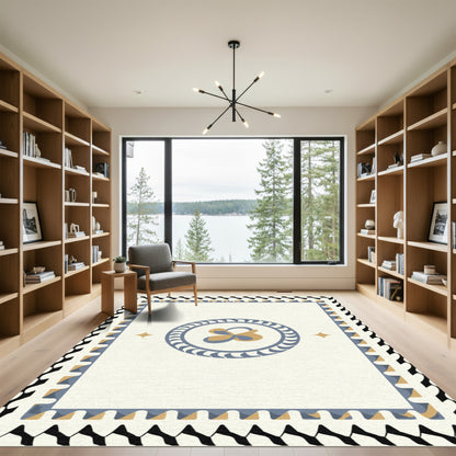 Cream Blue Gold Abstract Medallion Rug